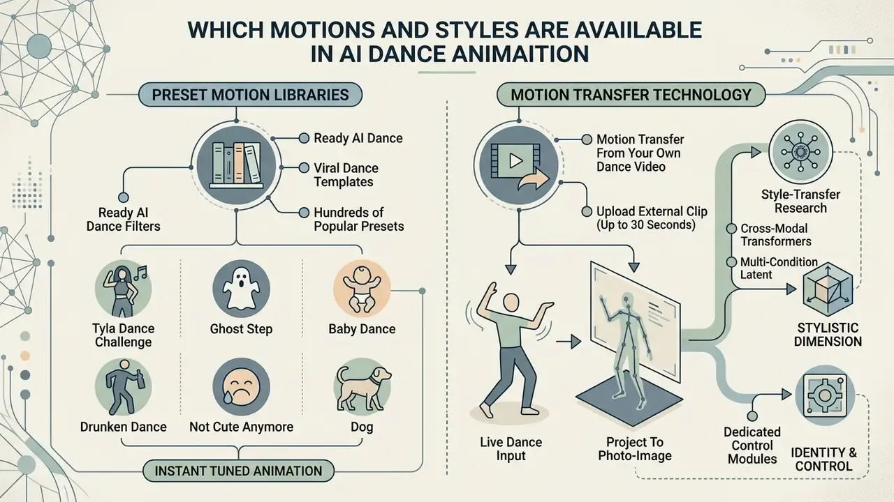 Infographic comparing preset motion libraries and motion transfer technology for an AI dance generator