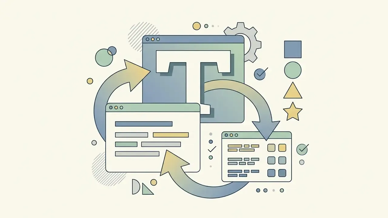 Circular process connecting a text editor window, a list of options, and a central typography icon