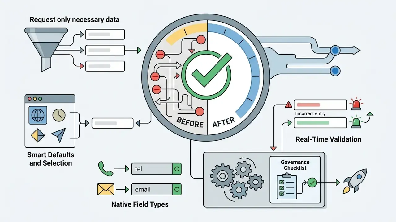 Diagram showing form optimization steps including data filtering, smart defaults, and real-time validation