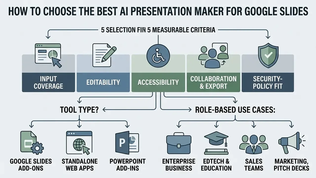 Infographic outlining five criteria for choosing a Google Slides AI generator and various use cases