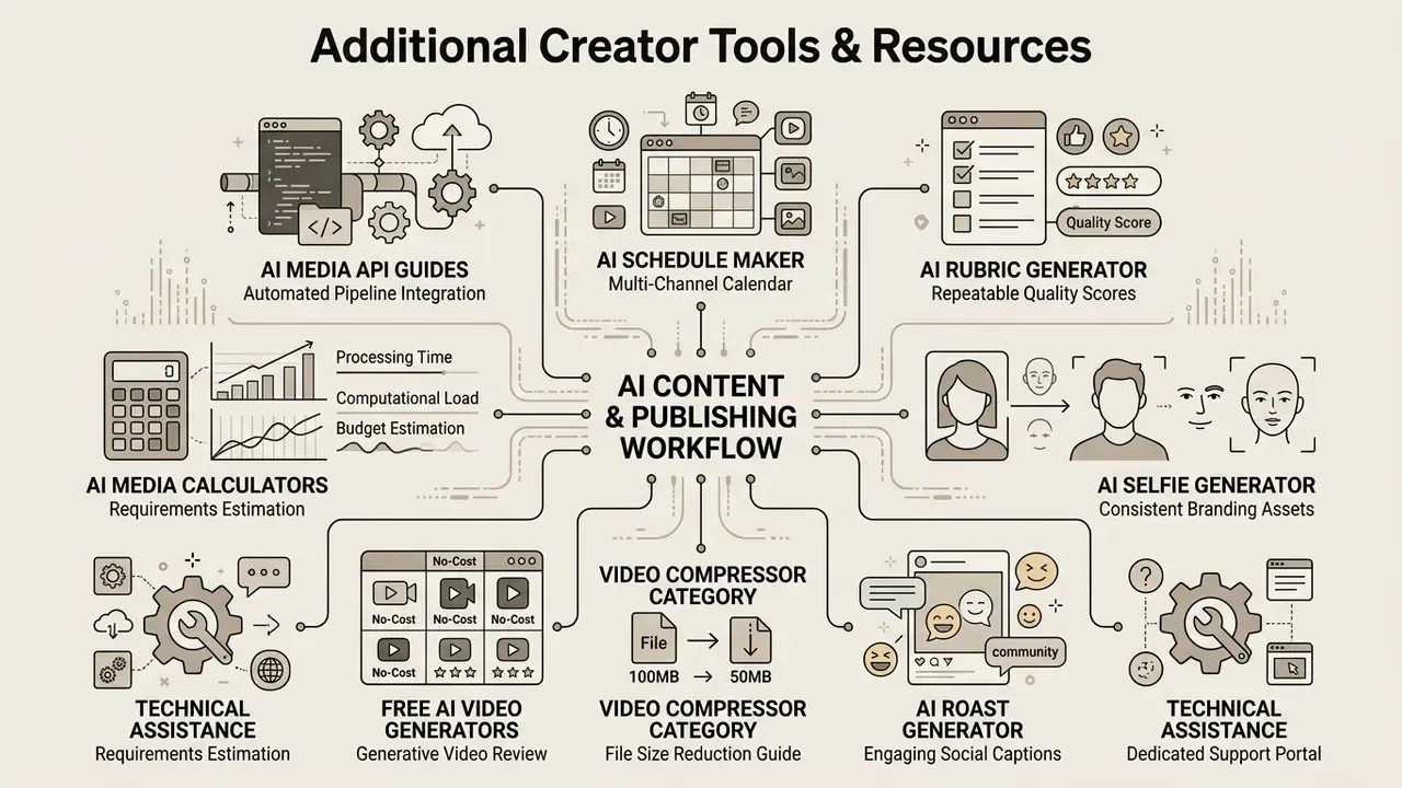 Centralized workflow map showing AI tools for content scheduling, quality scoring, branding, and file compression