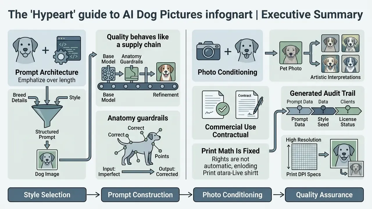 Infographic showing workflows for creating AI dog pictures through prompt architecture and quality control