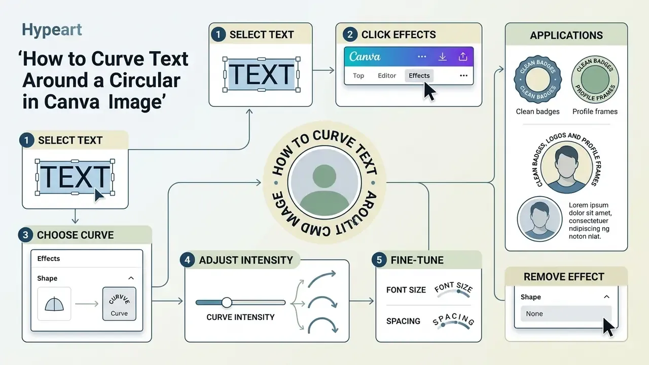 Step-by-step flowchart showing how to curve text around a circular image using the Canva Effects panel