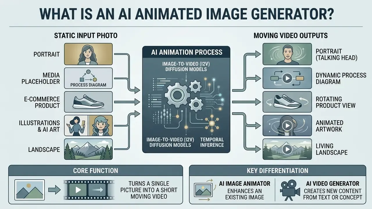 Infographic showing how diffusion models transform static input photos into animated video outputs