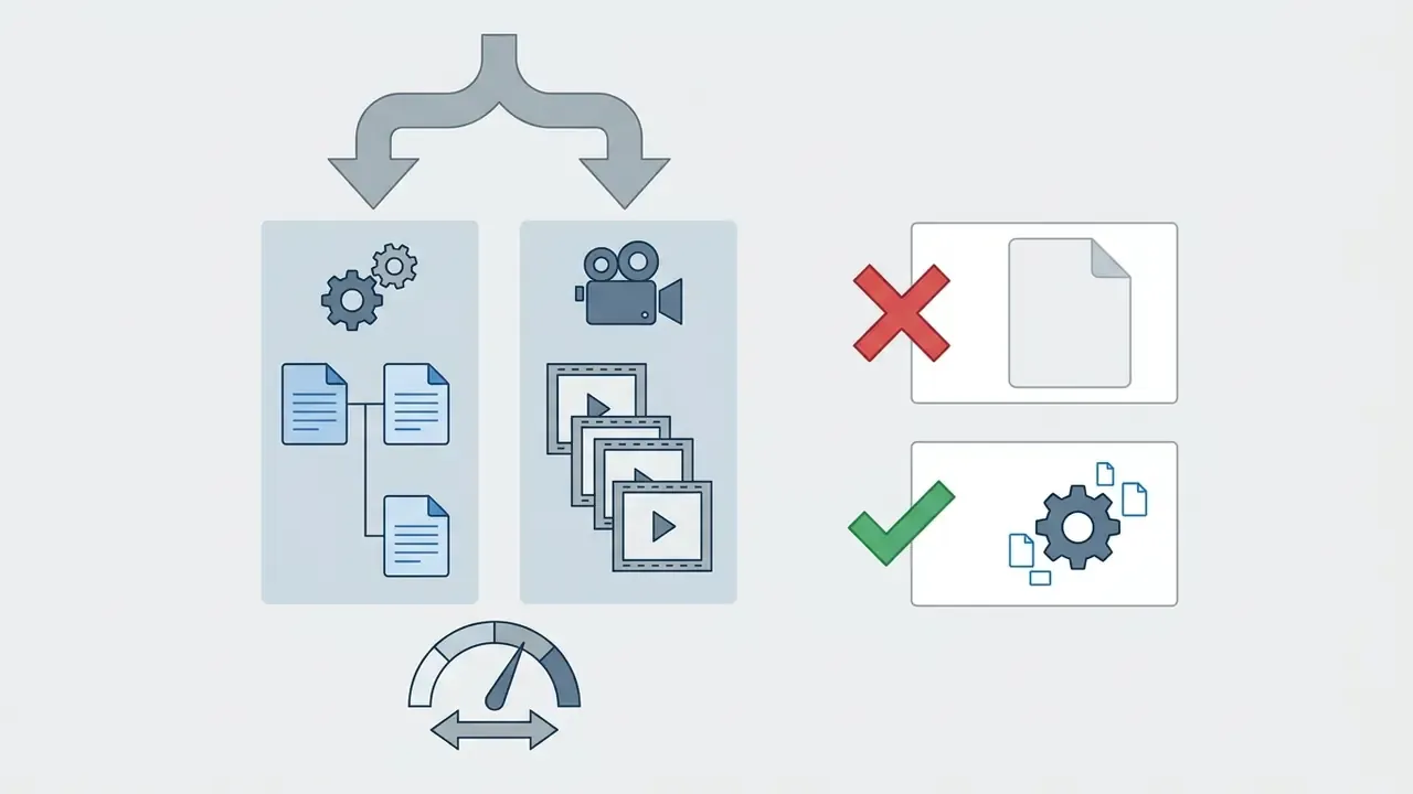 Text and video inputs converging into a gauge to compare document claims against visual evidence