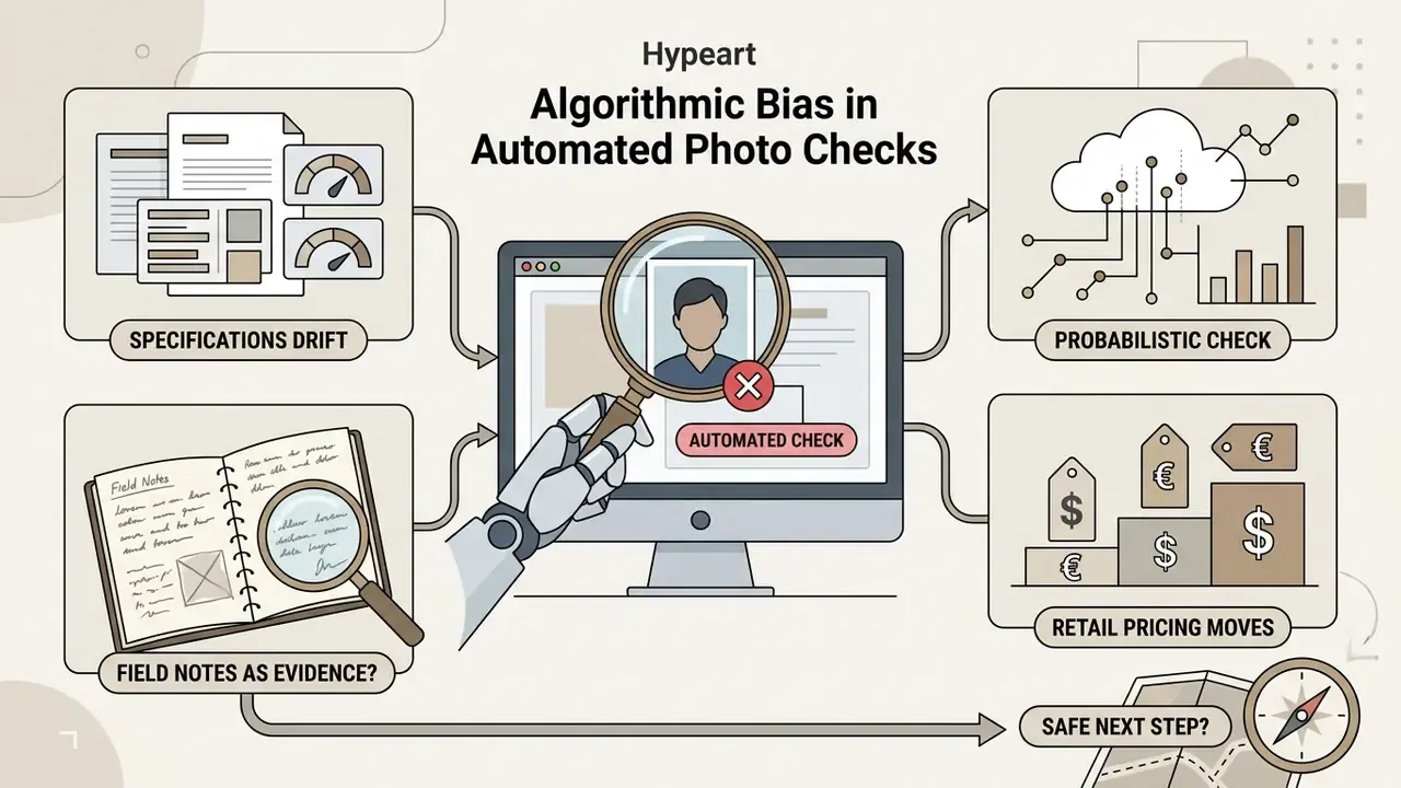 Conceptual layout showing limitations of automated passport photo checks including bias and pricing