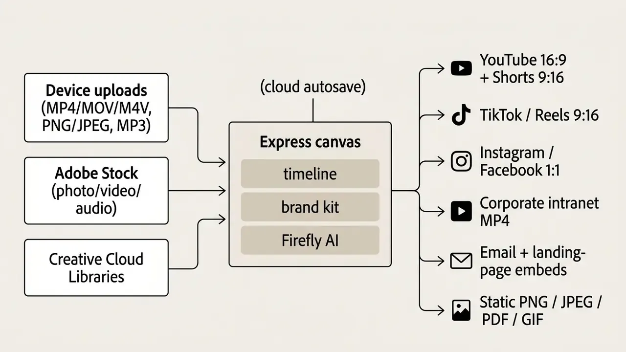 Flowchart showing media inputs feeding into the Adobe Express canvas and exporting to various platforms