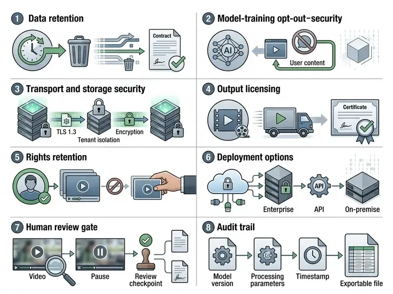 Eight numbered icons illustrating data security protocols for video processing and vendor compliance