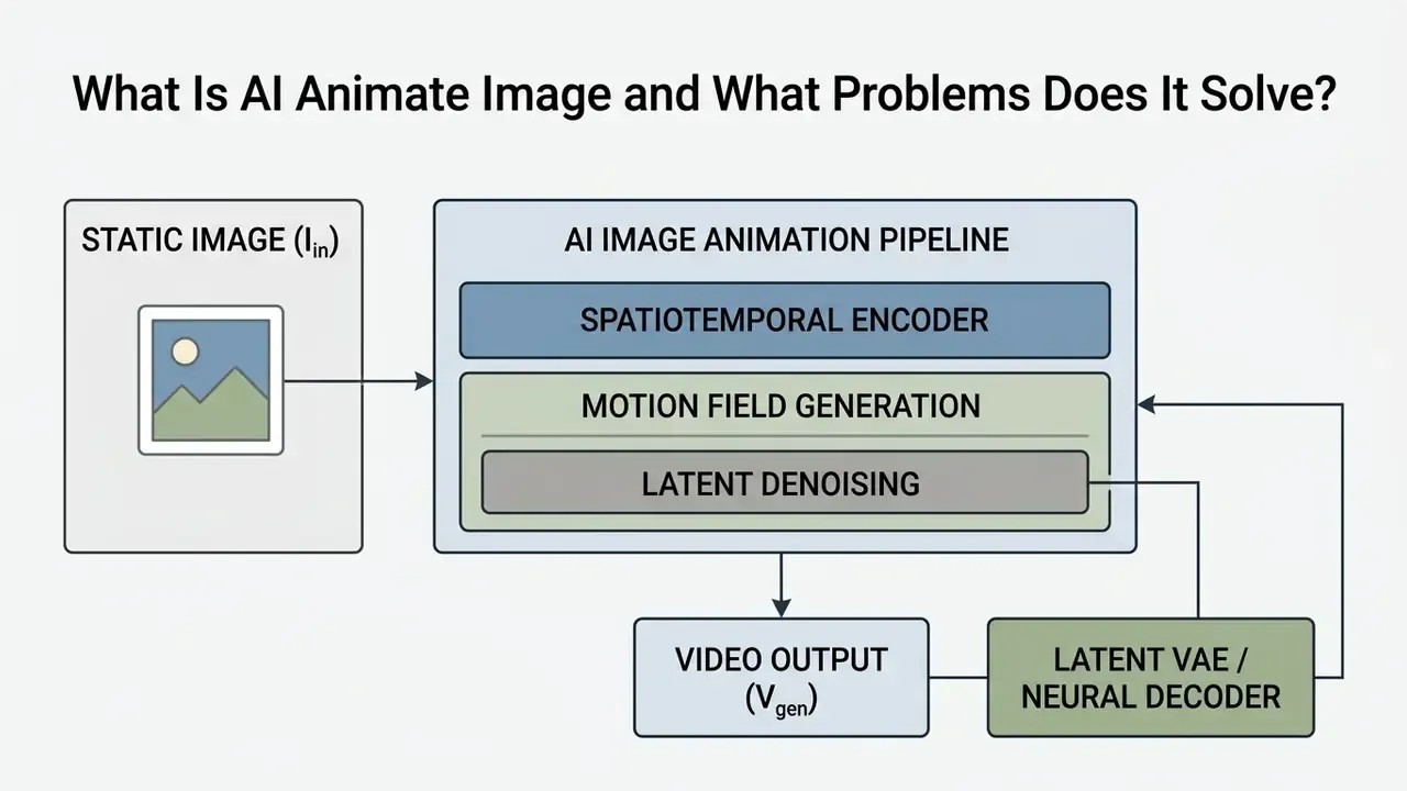 Flowchart showing how a static image is processed through an encoder and denoiser to generate video output