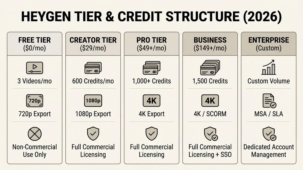 Table comparing HeyGen AI video generator subscription plans with credit, resolution, and usage details