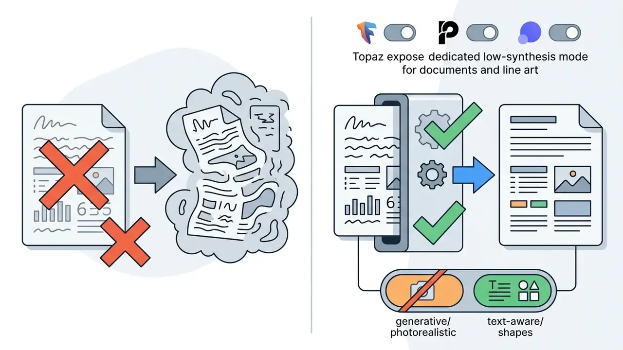 Comparison between generative AI modes causing document distortion and text-aware modes for clear results