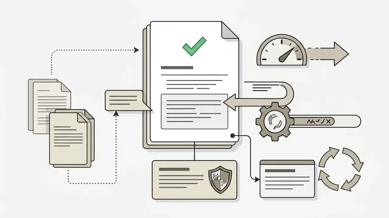 Documents feeding into a central file with a checkmark, a gear mechanism, and a shield icon