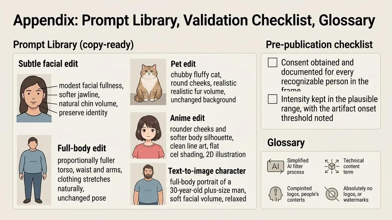 Collection of text prompts for character edits alongside a pre-publication checklist and glossary