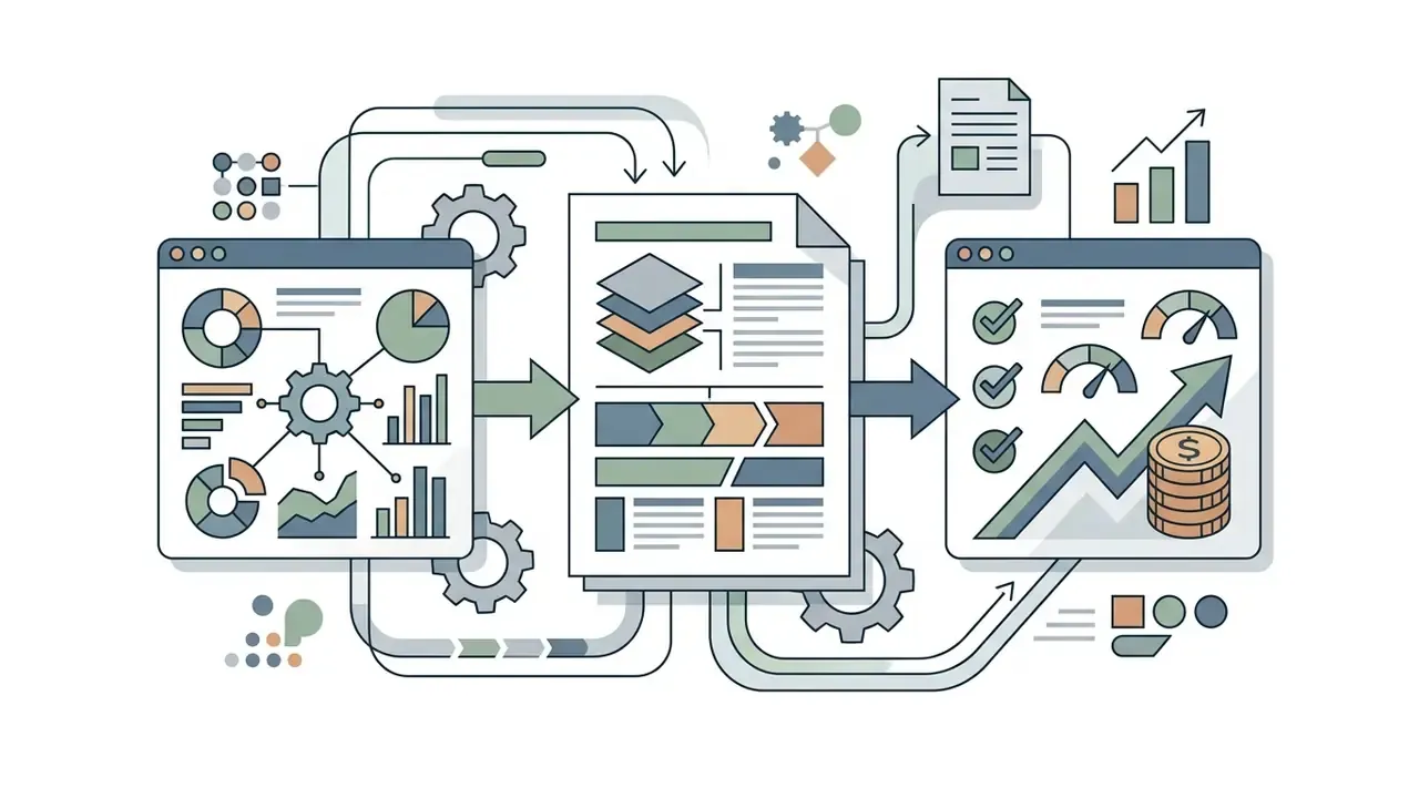 Workflow showing data analysis, document parameter breakdown, and final financial performance tracking