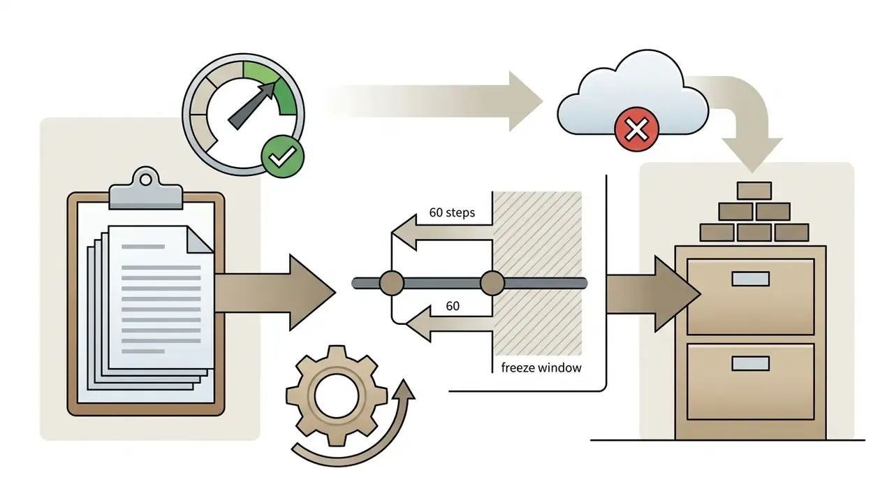 Clipboard documents moving through a timeline and gears into a filing cabinet before cloud access ends