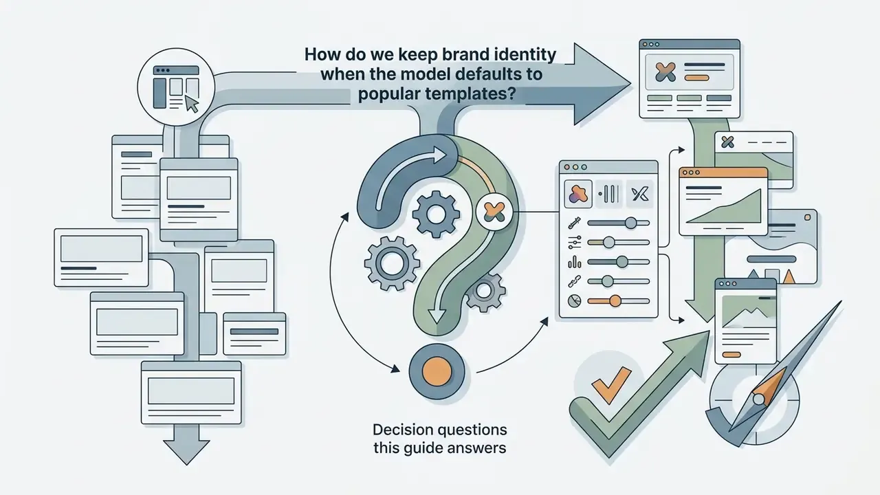 Question mark shape with gears leading from generic website templates to customized design settings