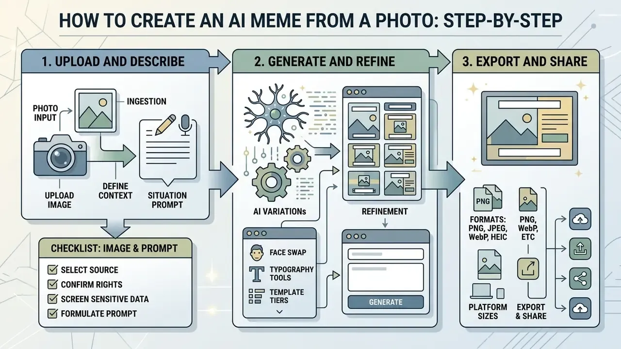 Three-stage diagram detailing the workflow for using an AI meme generator from image to final export