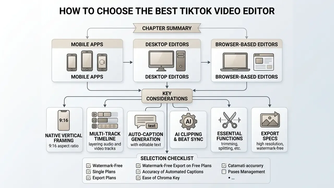 Flowchart outlining software types and key features to evaluate for a TikTok video editor