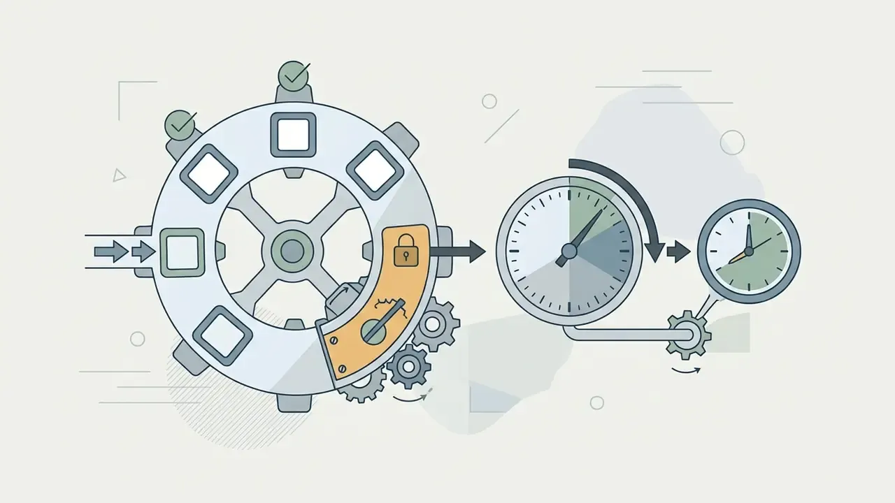 Rotating wheel with slots moving toward a gauge and a clock to visualize how ChatGPT Plus image limits work