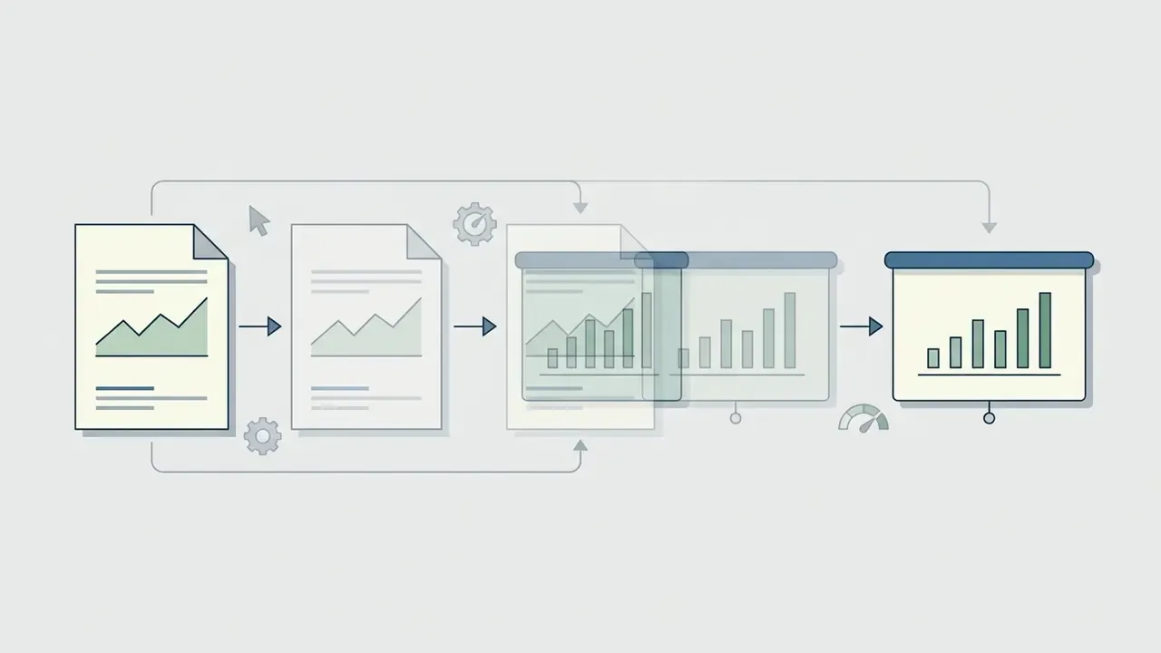 Documents with charts transitioning into a presentation screen through a series of connected steps