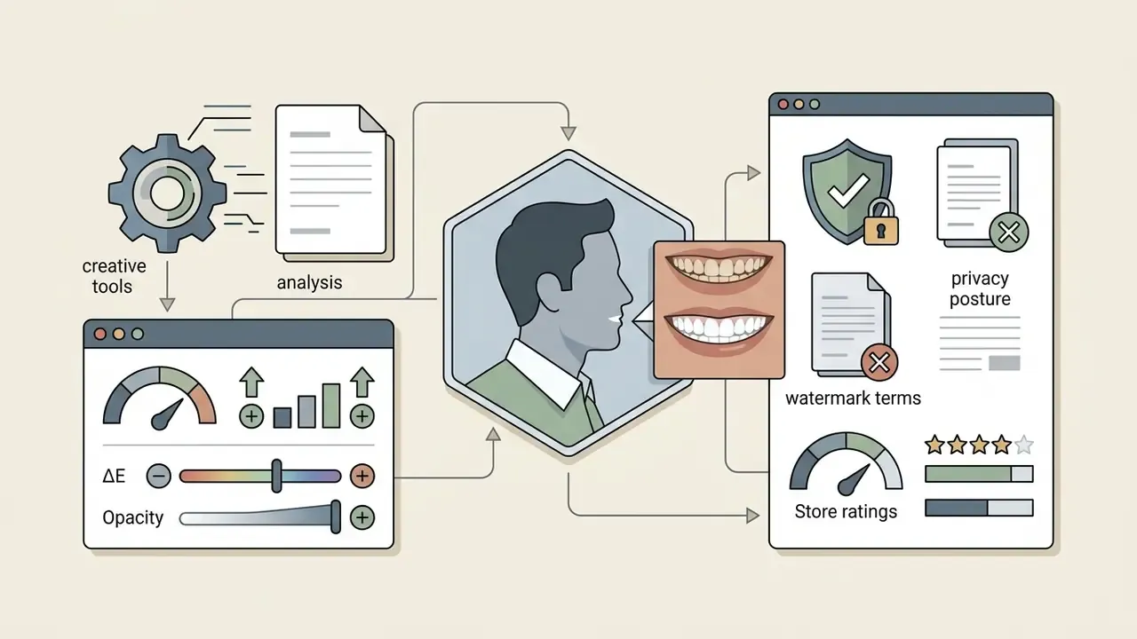 System flow connecting creative editing tools and privacy settings to a portrait with smile adjustment