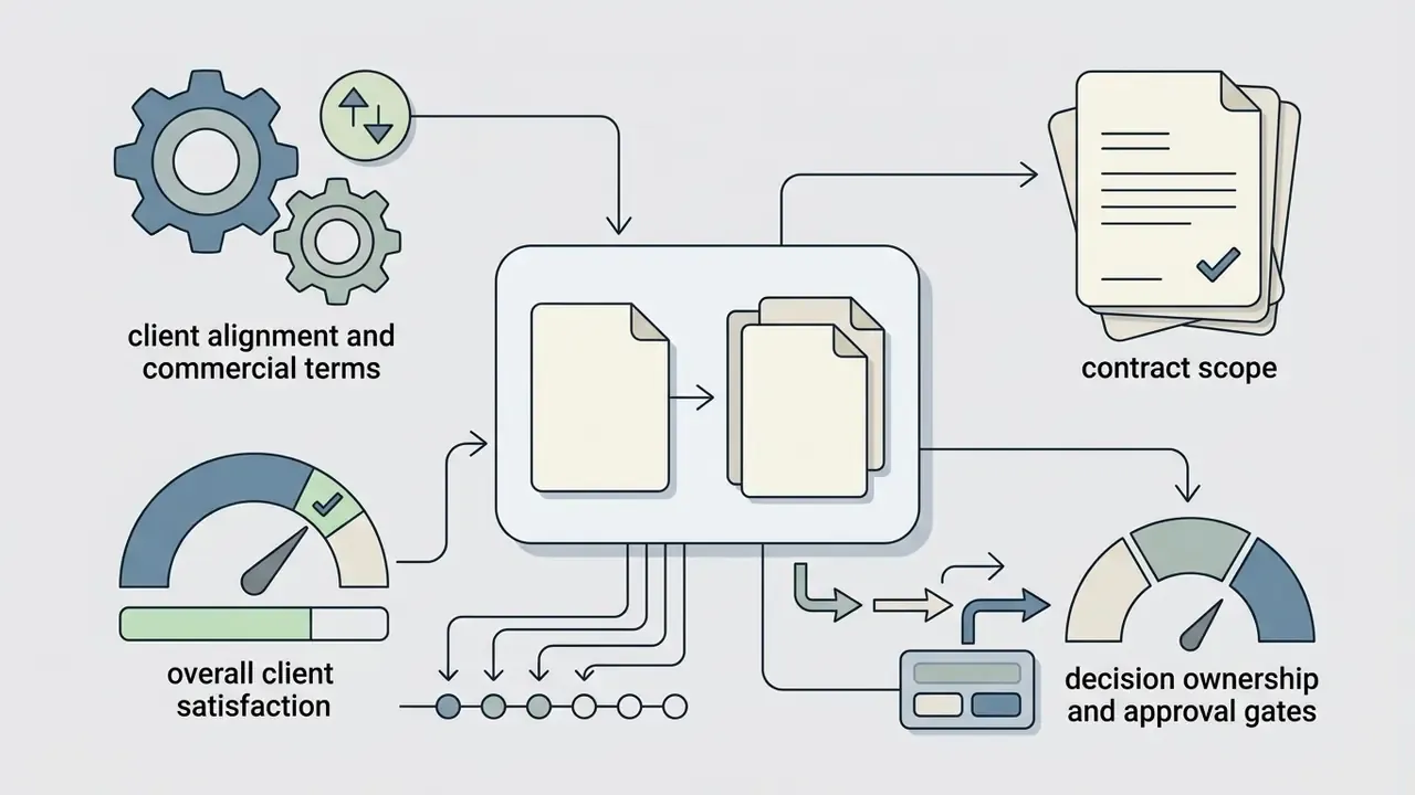Icons representing client alignment, contract scope, satisfaction metrics, and decision approval gates