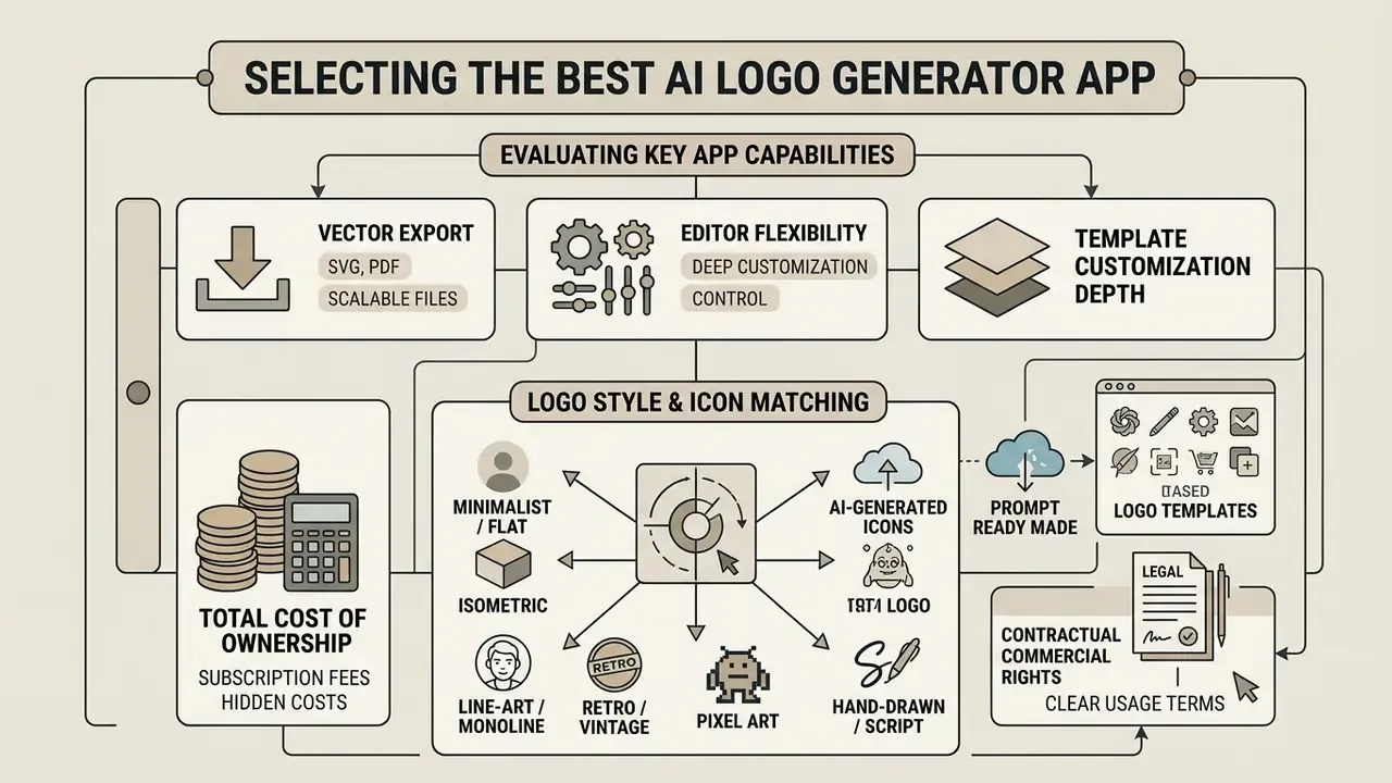 Infographic mapping criteria for evaluating design software capabilities and logo style matching options