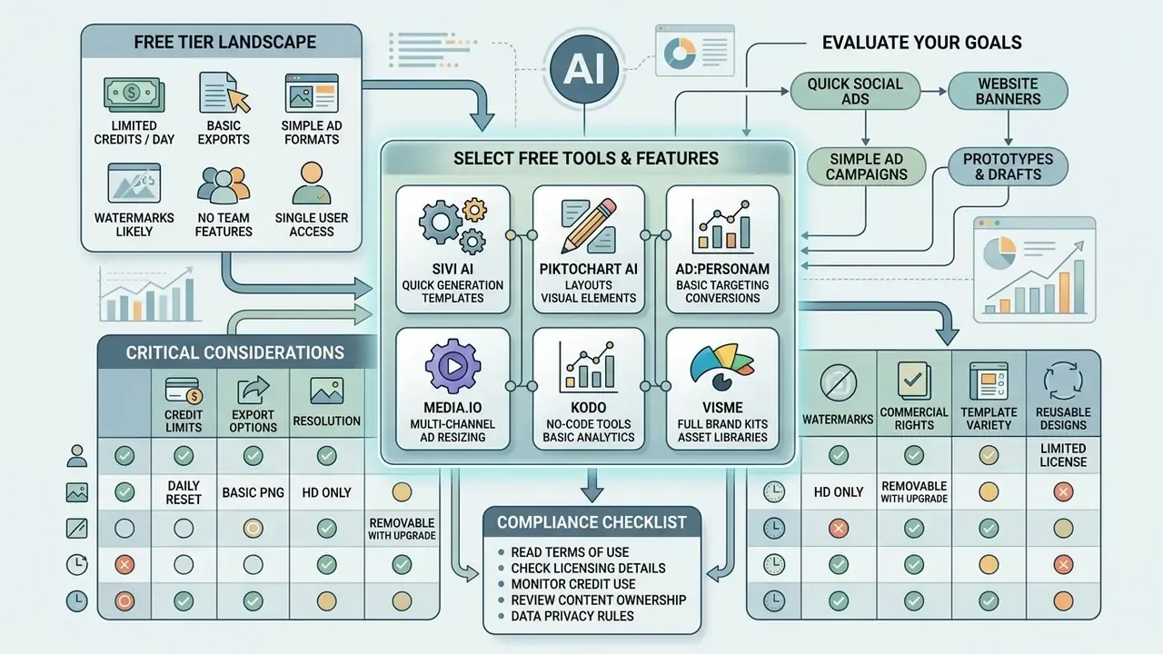 Infographic comparing free tool features, credit limits, and compliance checklists for digital marketing