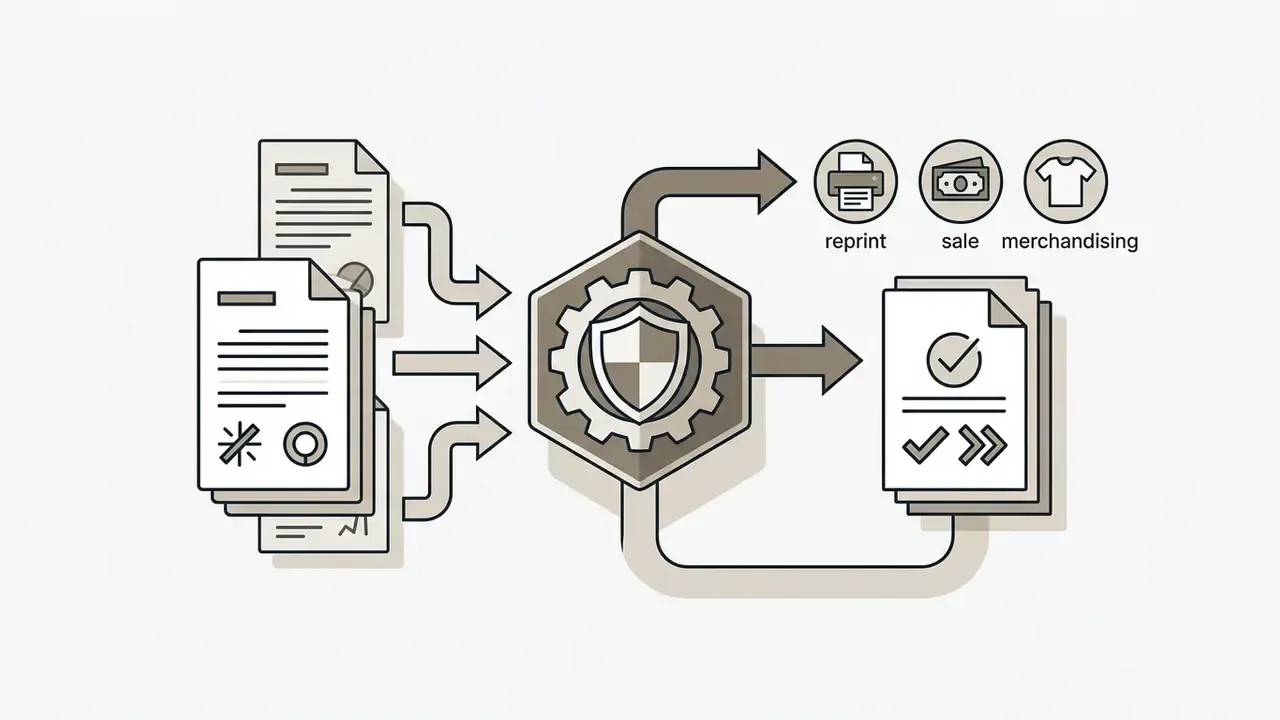 Documents feeding into a central gear and shield mechanism to authorize reprint, sale, and merchandising