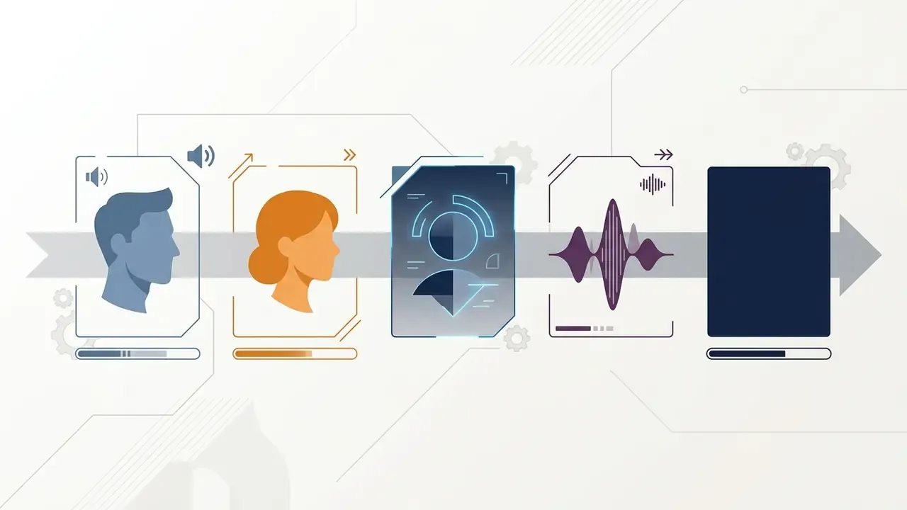 Icons of male and female profiles alongside a synthetic persona and audio waveform in a linear sequence