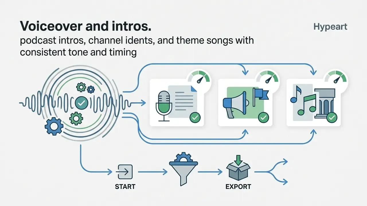 Workflow icons showing audio processing for podcast voiceovers, channel idents, and musical theme songs