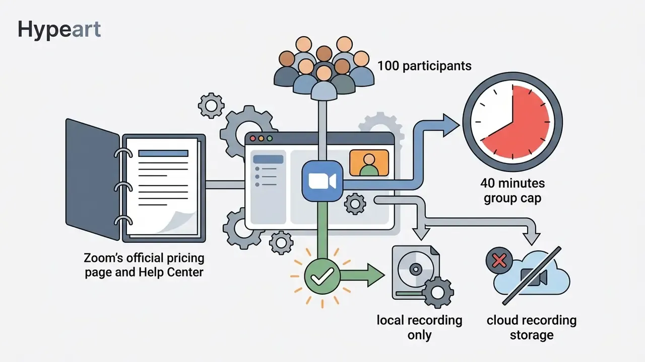 Icons showing meeting participant limits, time caps, local recording, and lack of cloud storage