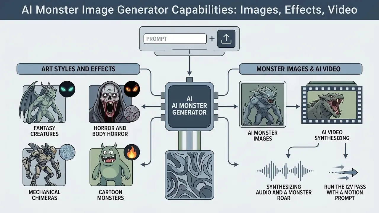 Flowchart showing how an AI monster generator processes prompts into diverse creature art and video