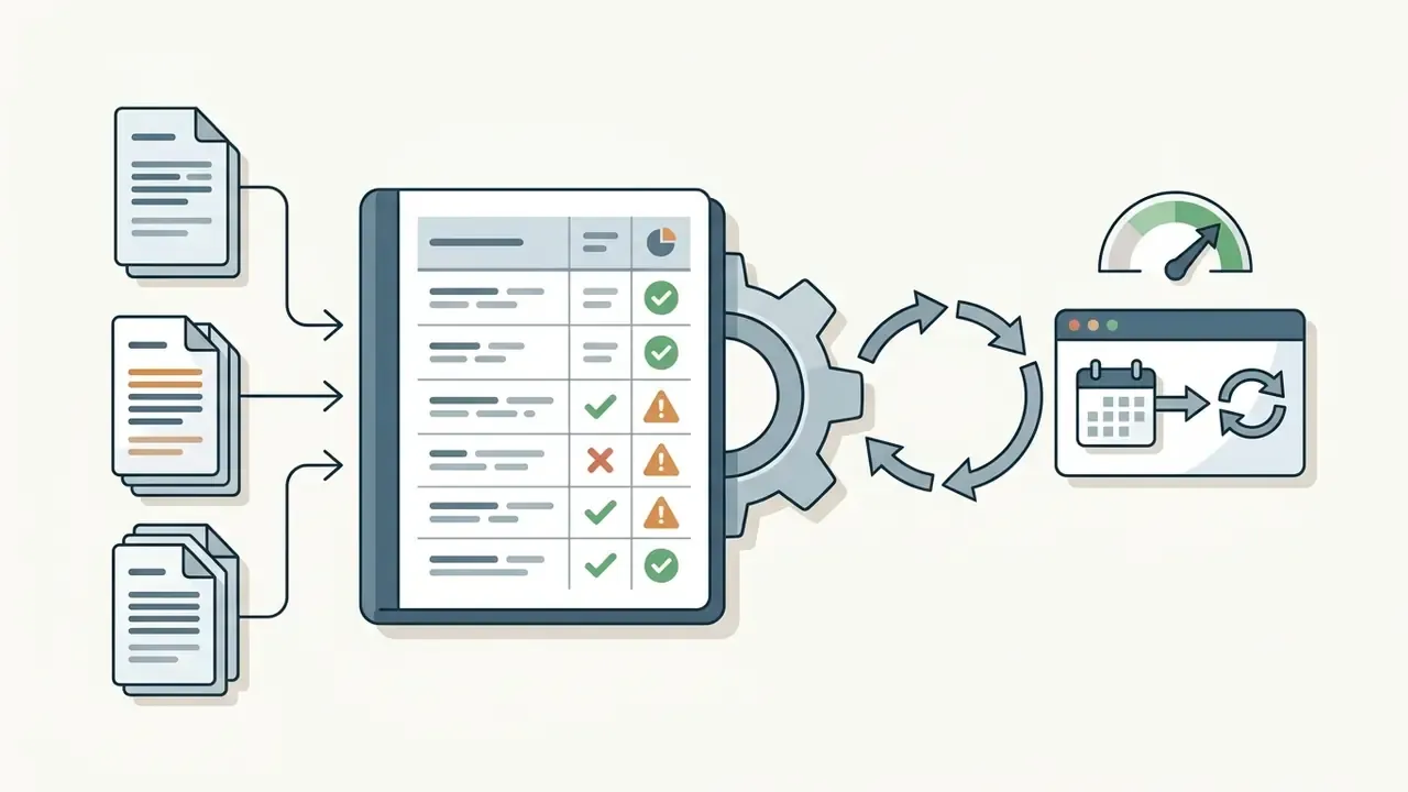 Documents feeding into a compliance register with a recurring review cycle and status dashboard