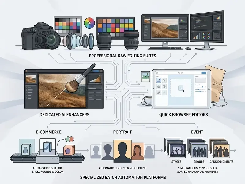 Flowchart mapping professional suites, AI enhancers, browser editors, and batch automation platforms