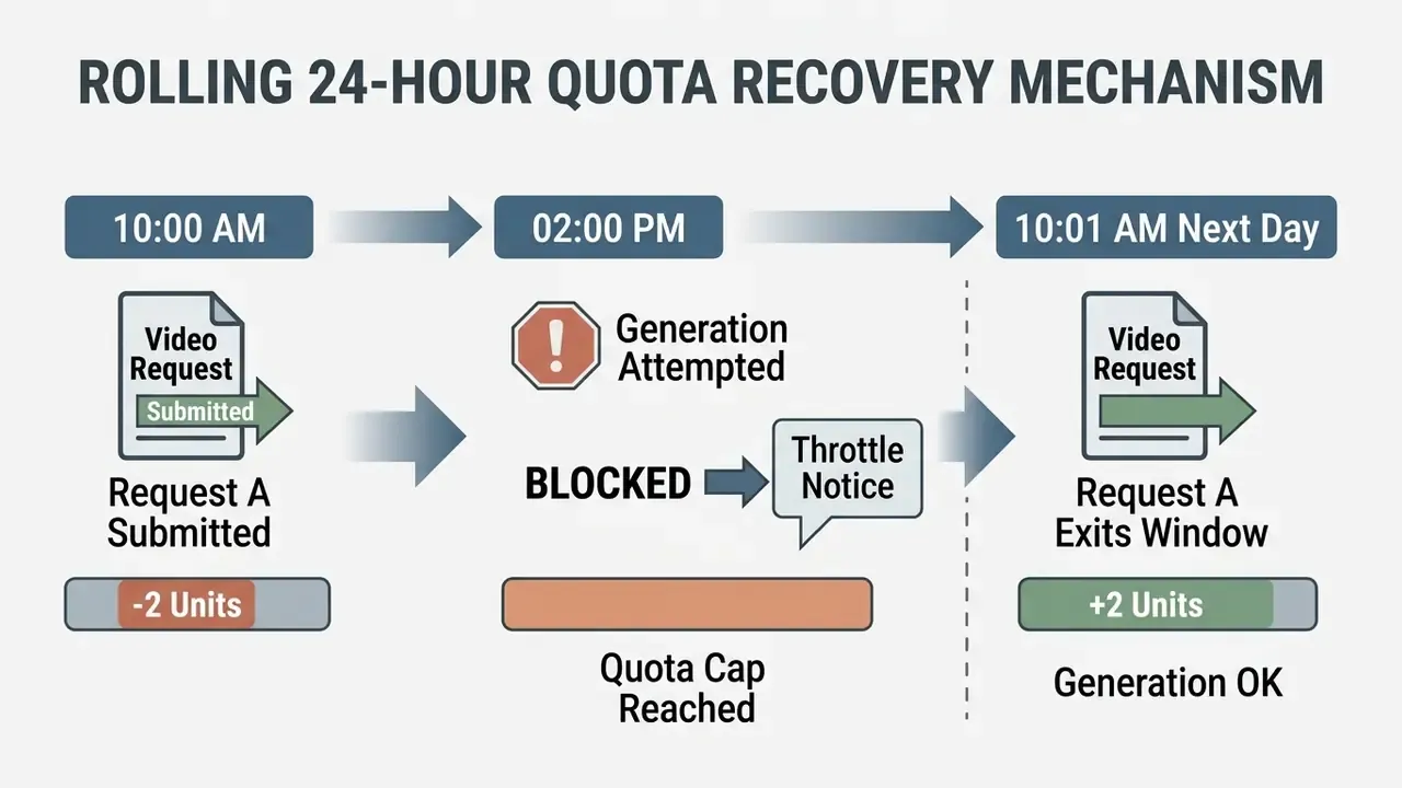 Timeline showing how a request consumes quota and recovers after a rolling twenty-four-hour window