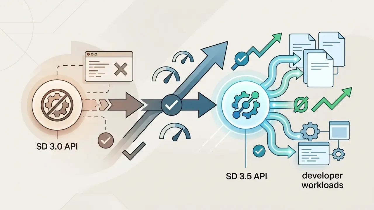 Transition from SD 3.0 API to SD 3.5 API showing improved efficiency for developer workloads