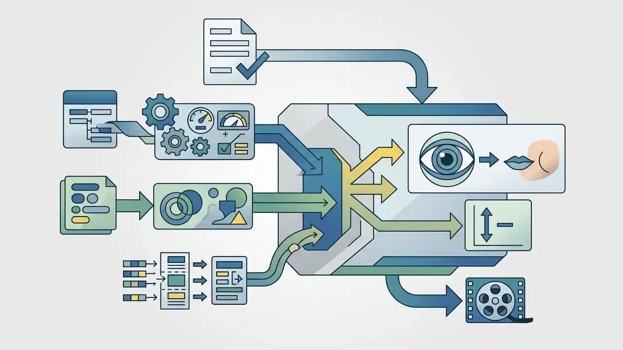 Data processing icons feeding into a central unit that outputs stylized eye and mouth feature graphics