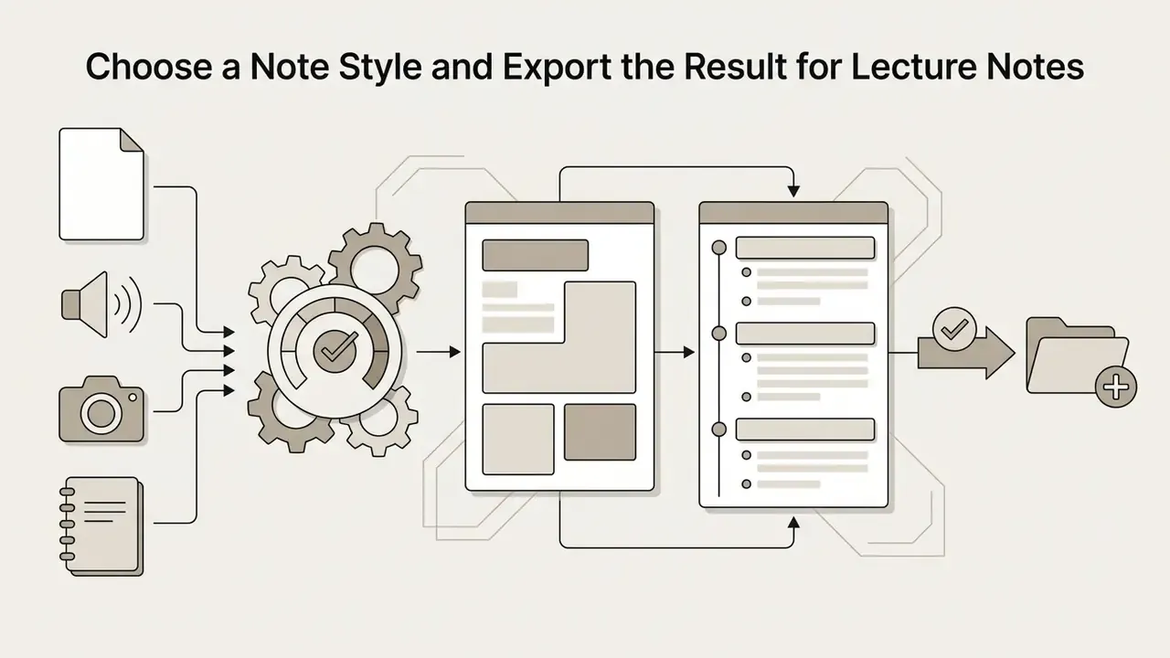 Process flow showing media inputs converted through gear mechanisms into structured chronological outlines