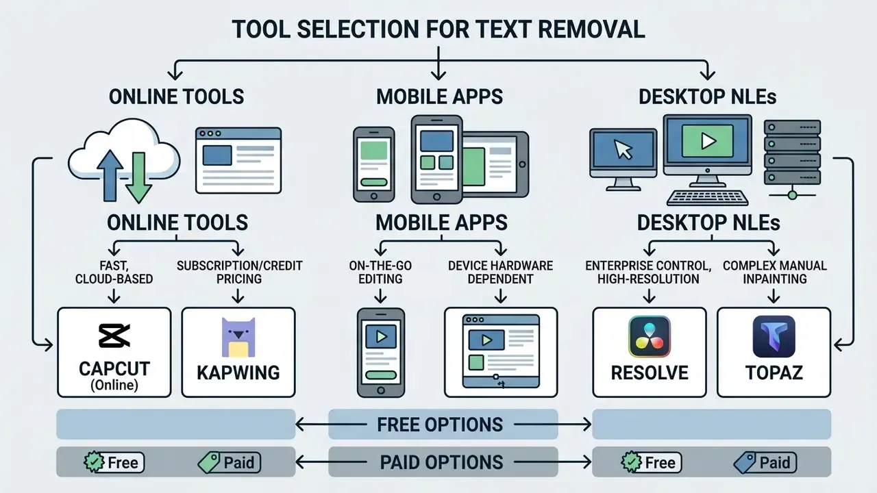 Categorization of software options into online tools, mobile apps, and desktop editors by feature set
