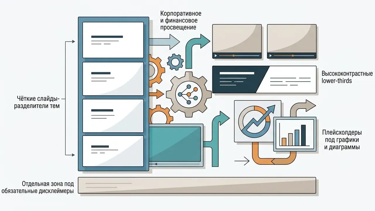 Набор элементов оформления видео с разделителями тем, графиками, плашками и зоной для дисклеймеров