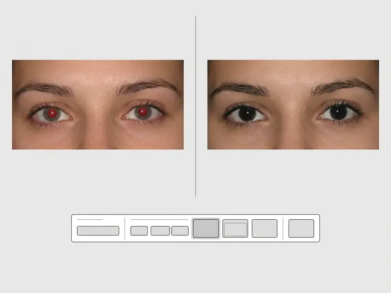 Side-by-side preview of a portrait showing eyes before and after correction with download format buttons