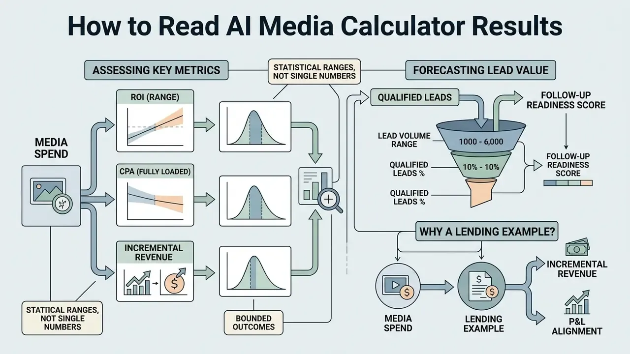 Diagram mapping media spend to statistical outcome ranges, lead volume funnels, and lending P&L metrics