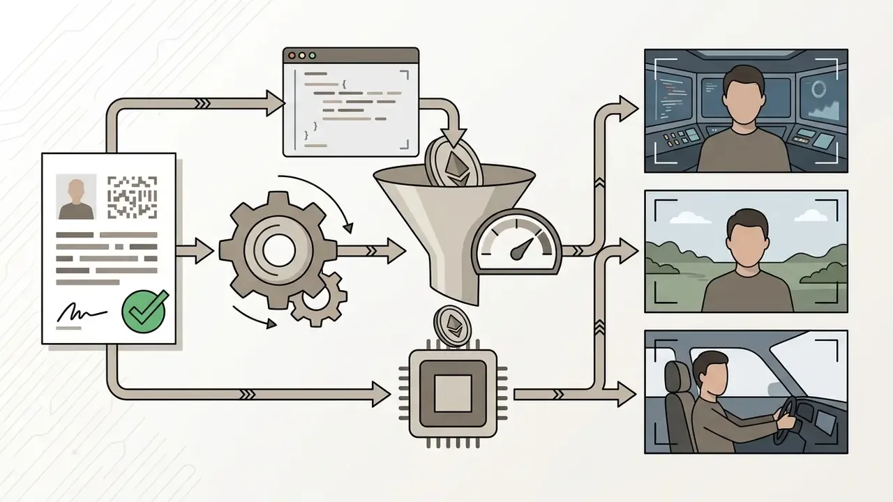 Identity document data flowing through gears and a funnel into various camera scene outputs