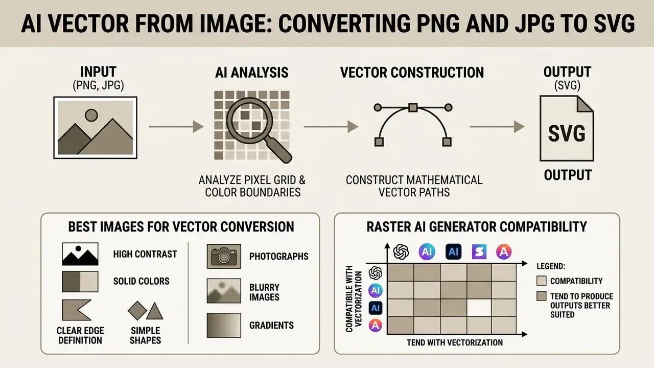 Process flow showing how an AI vector generator analyzes pixel grids to construct mathematical paths