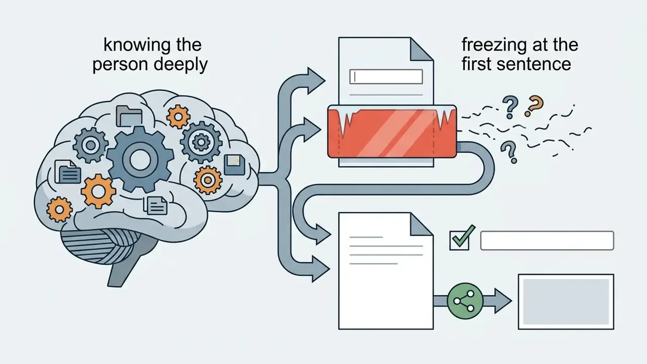 Brain with gears processing memories into a frozen document before successfully outputting a draft