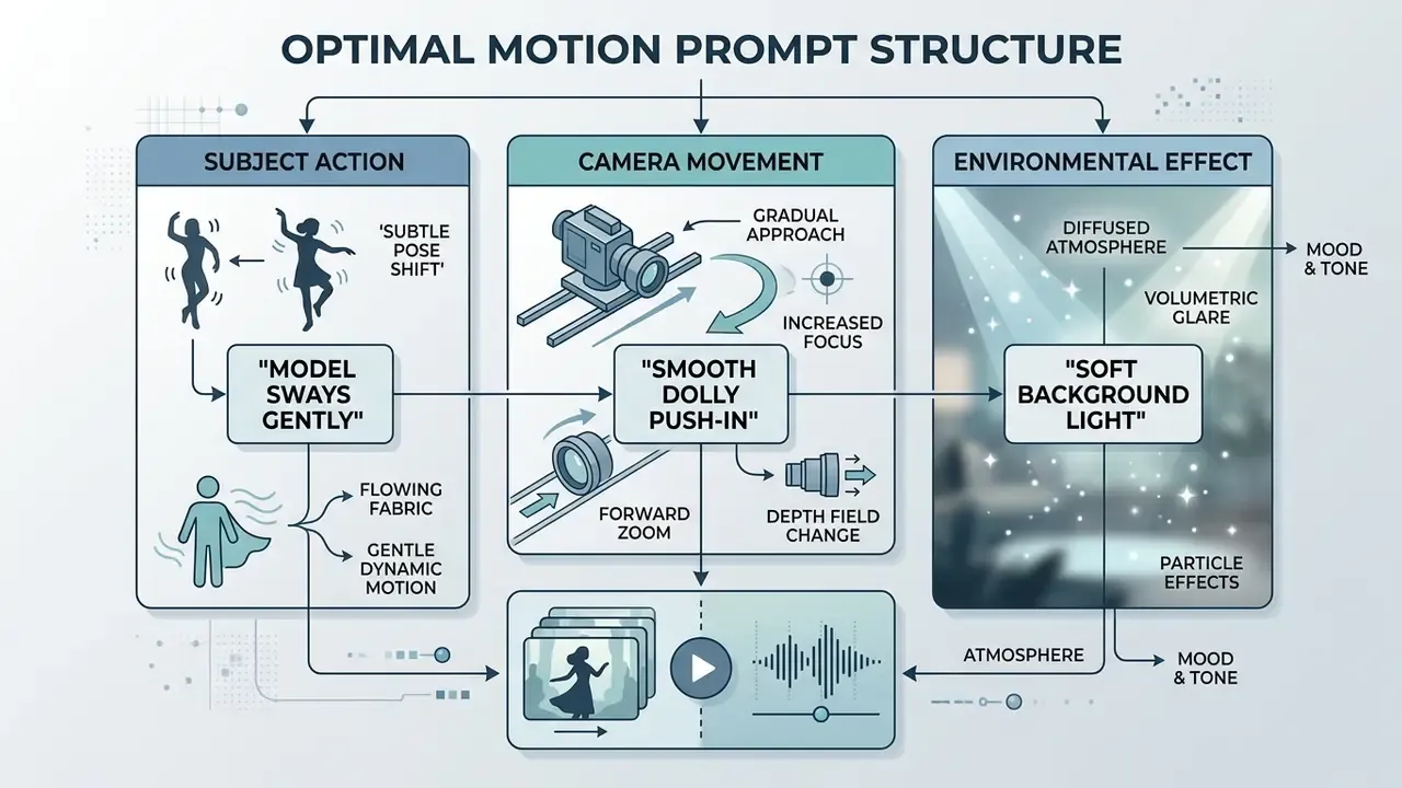 Diagram breaking down motion prompt components into subject action, camera movement, and environmental effect