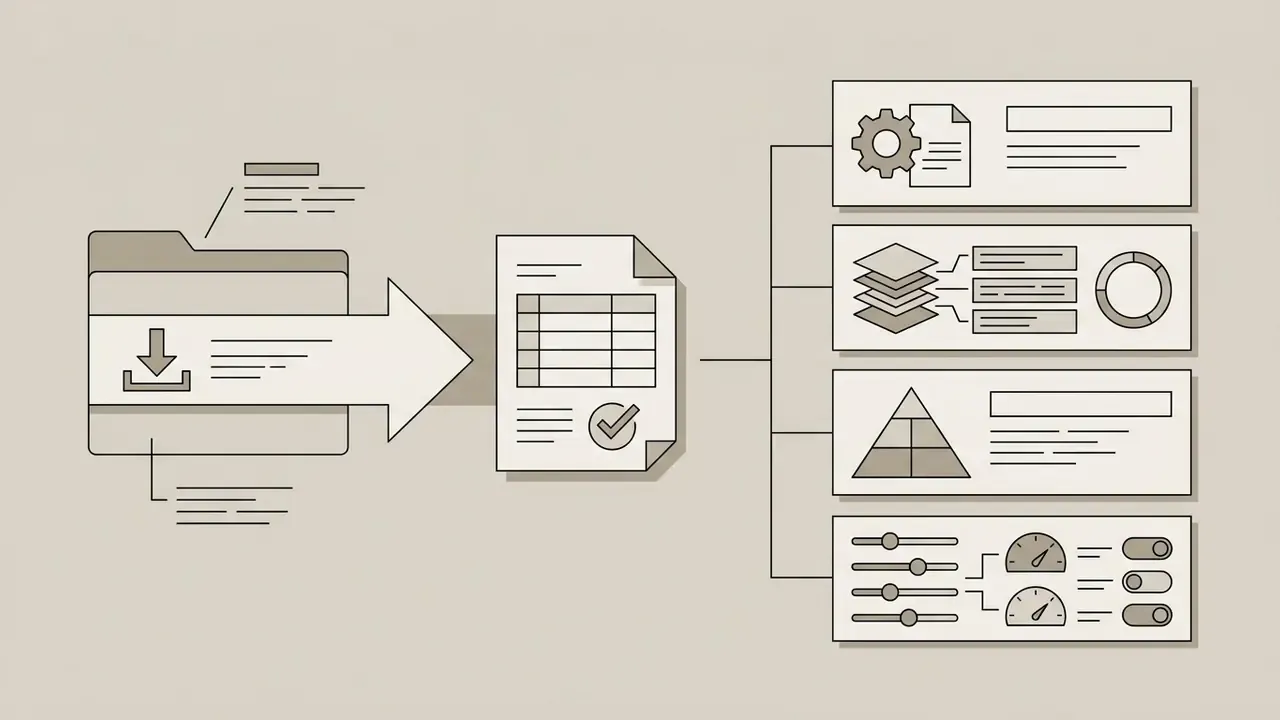 File folder and document icon leading to a list of technical settings and audit trail parameters