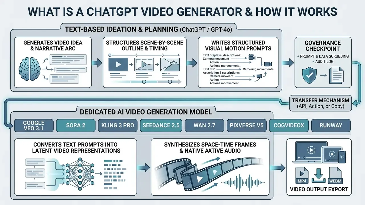 Flowchart showing how ChatGPT plans video content before a dedicated AI model synthesizes the final output