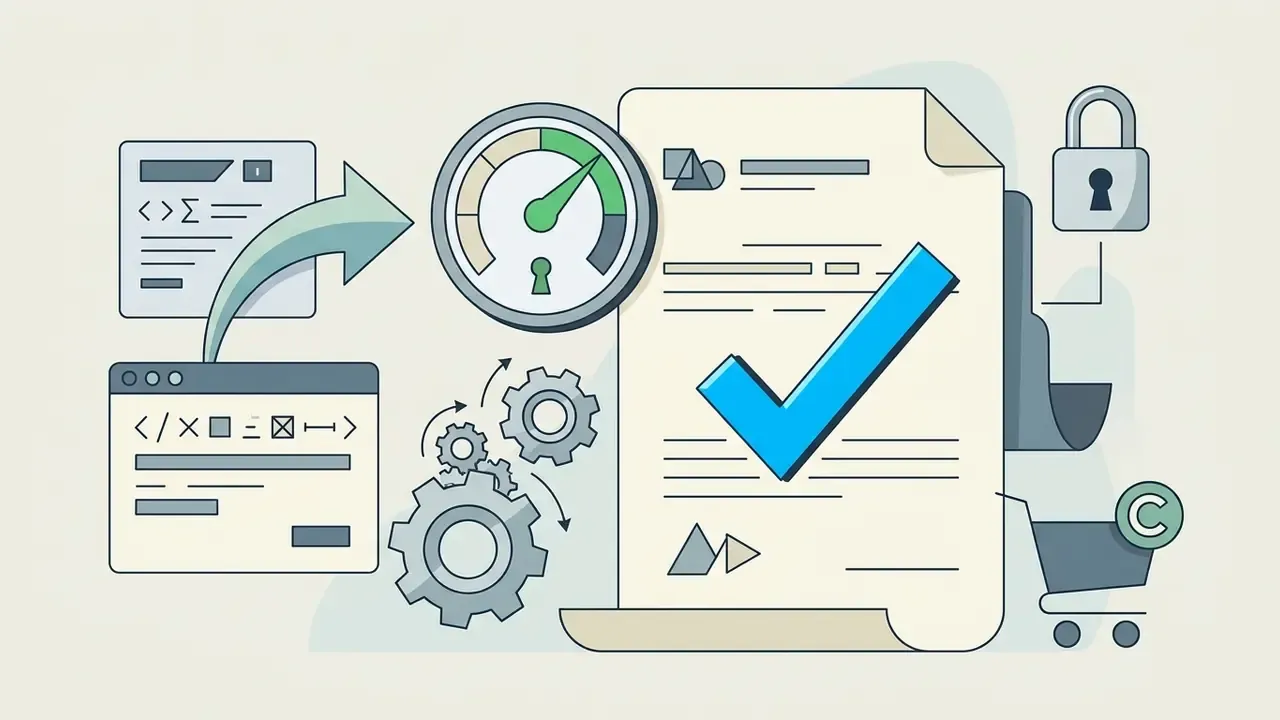 Code windows and mechanical gears processing a document into a verified output with a shopping cart